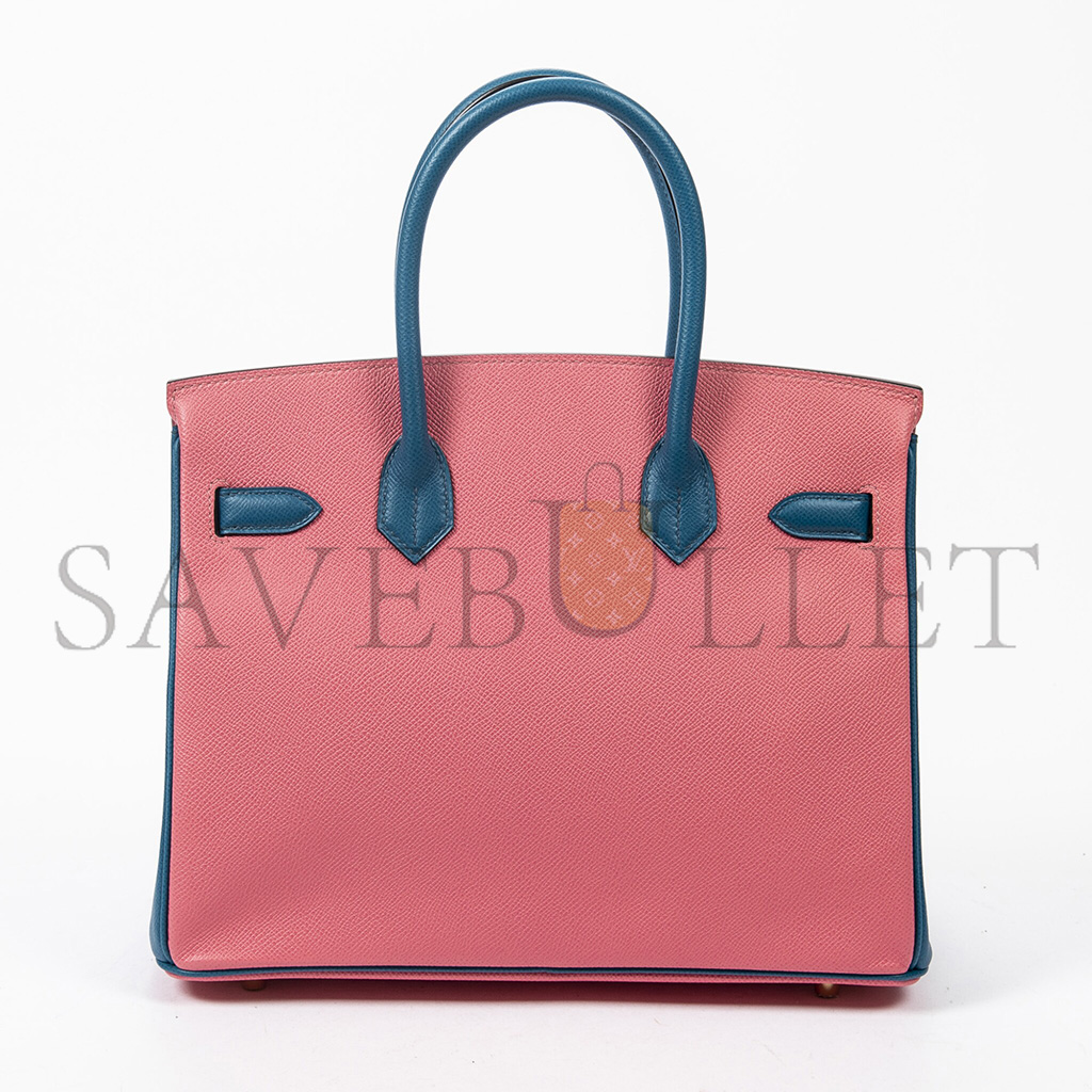 HERMÈS BIRKIN 30 CHEVRE LEATHER CHERRY BLOSSOM AND NORTHERN BLUE GOLD BUCKLE H028369CC37 (30*23*15cm)